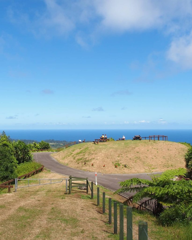 Scenic view from Mount Pitt Lookout on Norfolk Island, showing a grassy hilltop with picnic benches, winding road, and a clear panoramic view of the ocean under a bright blue sky.