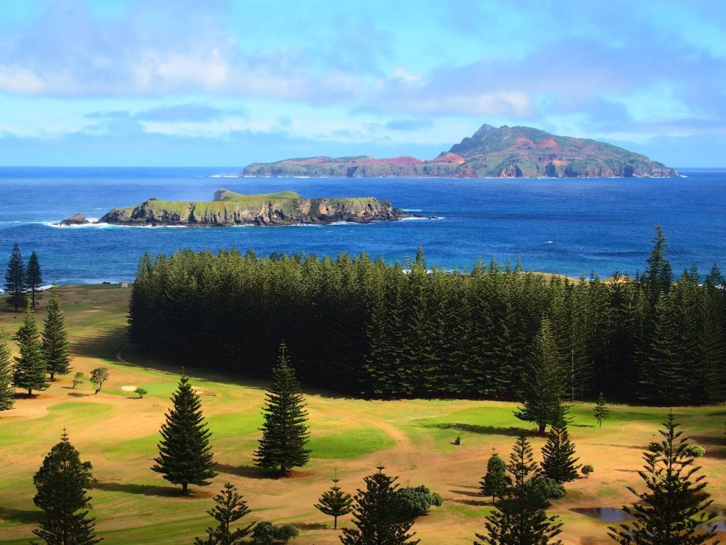 Elevated view from Queen Elizabeth Lookout on Norfolk Island, showing dense Norfolk pine forest in the foreground, bright grassy clearings, and the vivid red cliffs of Philip Island rising in the distance across deep blue ocean waters.