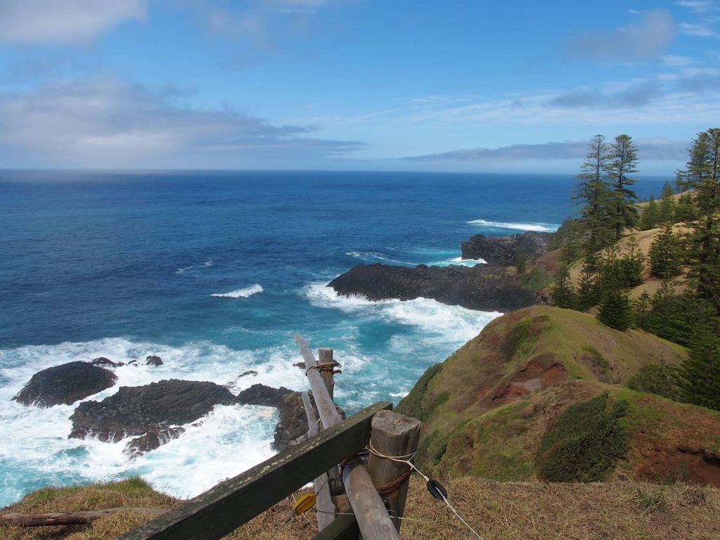 A stunning coastal view from Two Chimneys Reserve on Norfolk Island, showcasing rugged cliffs, crashing waves, and turquoise-blue waters under a partly cloudy sky, framed by windswept Norfolk pine trees and a weathered wooden fence in the foreground.