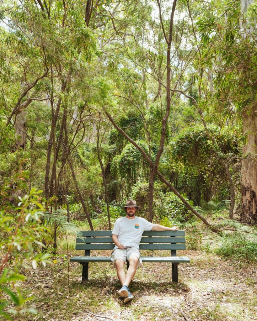 A man in a hat sits on a park bench surrounded by lush, green eucalyptus trees in Boranup Forest, captured on a Perth to Margaret River road trip. Dappled sunlight filters through the dense canopy.