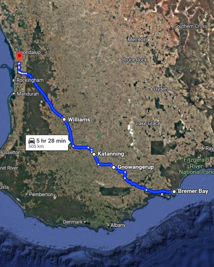 A satellite map showing the driving route from Bremer Bay to Perth, highlighting key towns like Katanning and Williams—an overview of the Perth to Bremer Bay road trip route.