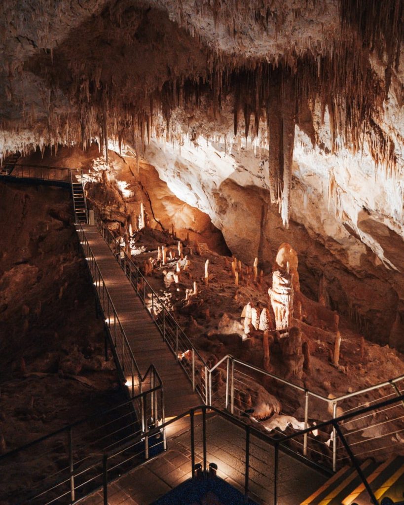 Stalactites and walkways inside Jewel Cave in Margaret River, an awe-inspiring limestone formation worth visiting on a Perth to Bremer Bay road trip detour.