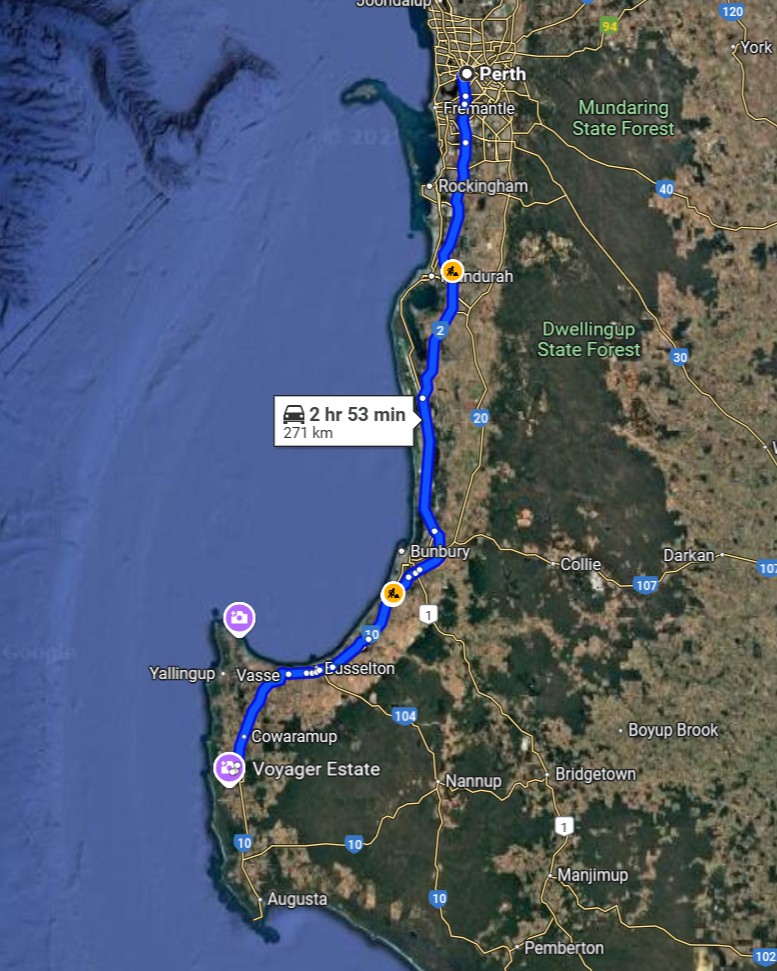 Map showing the driving route from Perth to Margaret River in Western Australia, marked in blue with major stops like Bunbury, Busselton, and Yallingup on a typical Perth to Margaret River road trip.