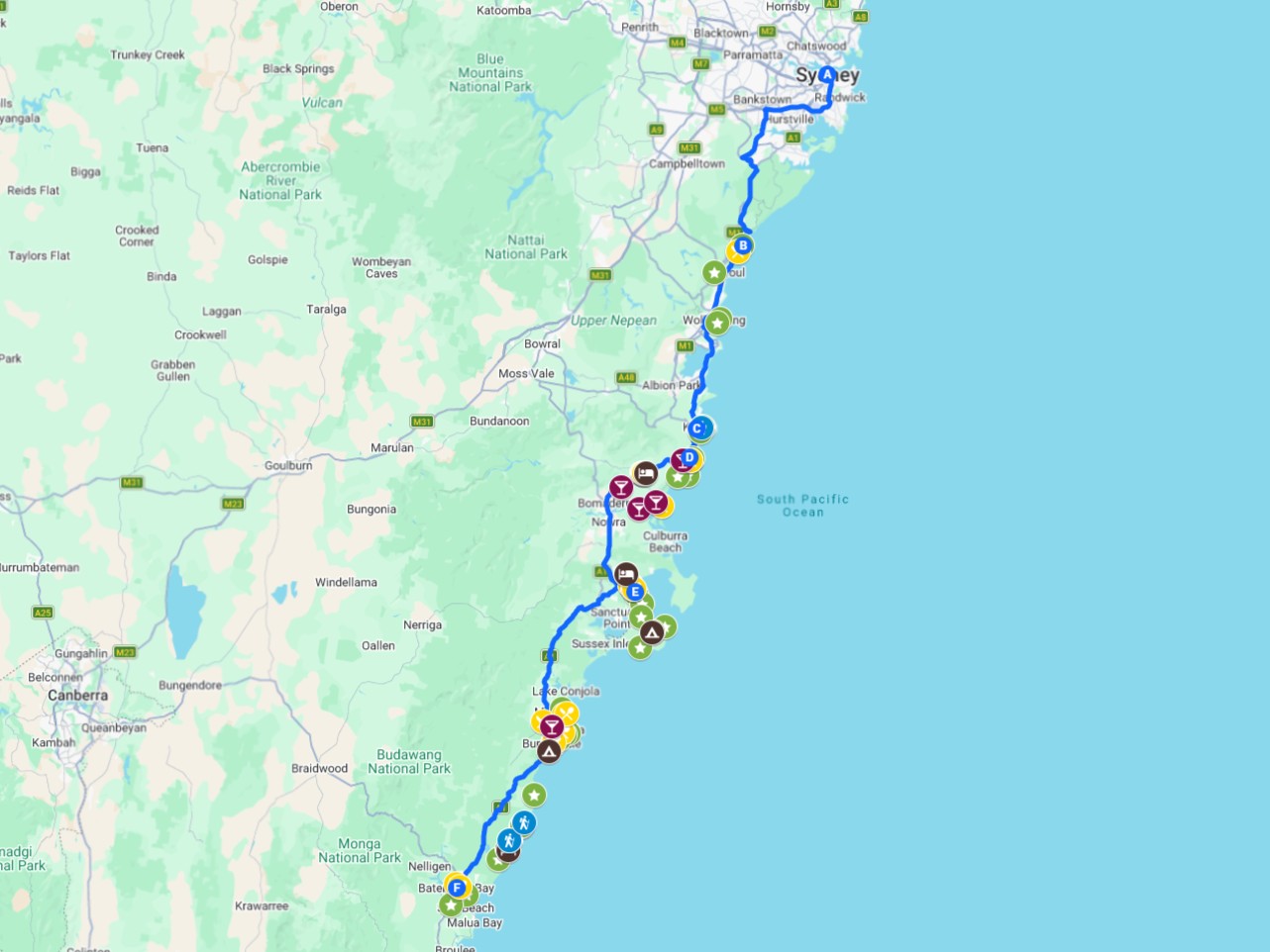 Screenshot of a map with coloured pins showing all the different things to do on a road trip from sydney to batemans bay